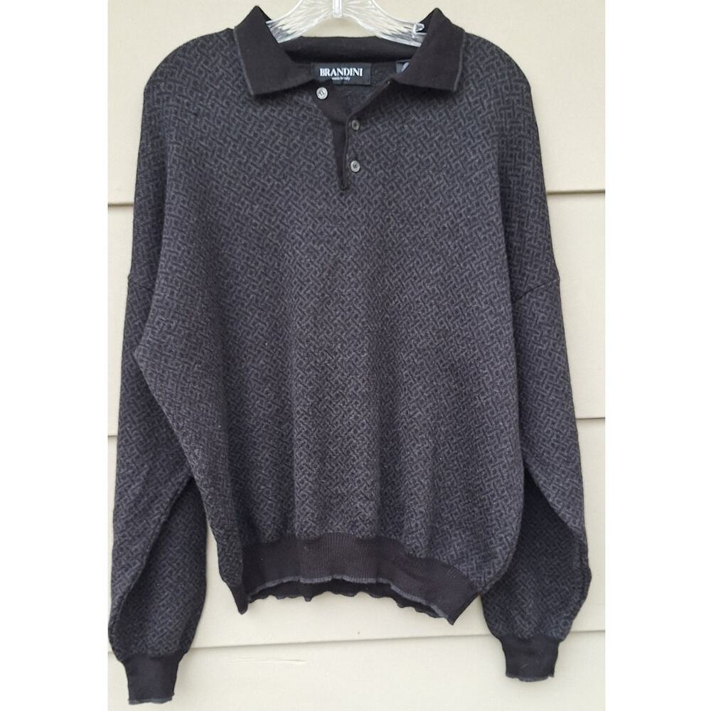Vtg. BRANDINI Men's Fine Merino Wool Polo Dad Sweater Black Gray Sz L made Italy